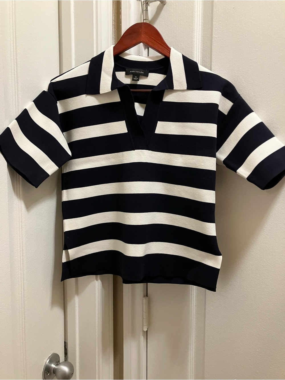 Ann Taylor Navy & White Knit Striped Polo Sweater Top